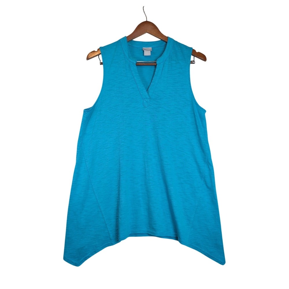 Chicos Aqua Blue Slub Knit Sharkbite Hem Sleeveless Tank Top Size 1 Md Cool